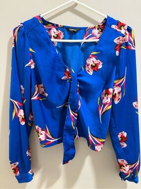Express Blue Floral Tie-Front Blouse